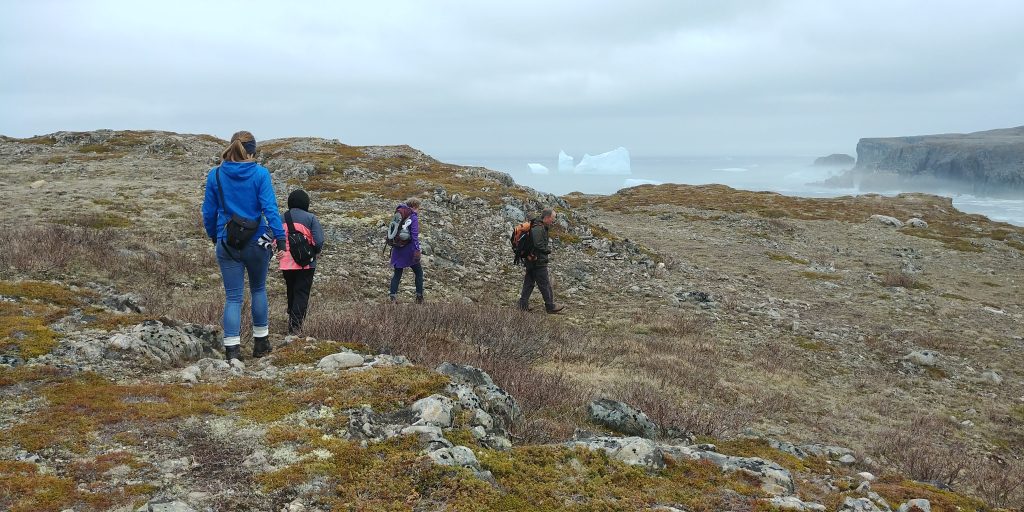 4 individuals walk towards the cliffs on Spillars Cove in the Discovery UNESCO Global Geopark where icebergs can be seen through the fog.